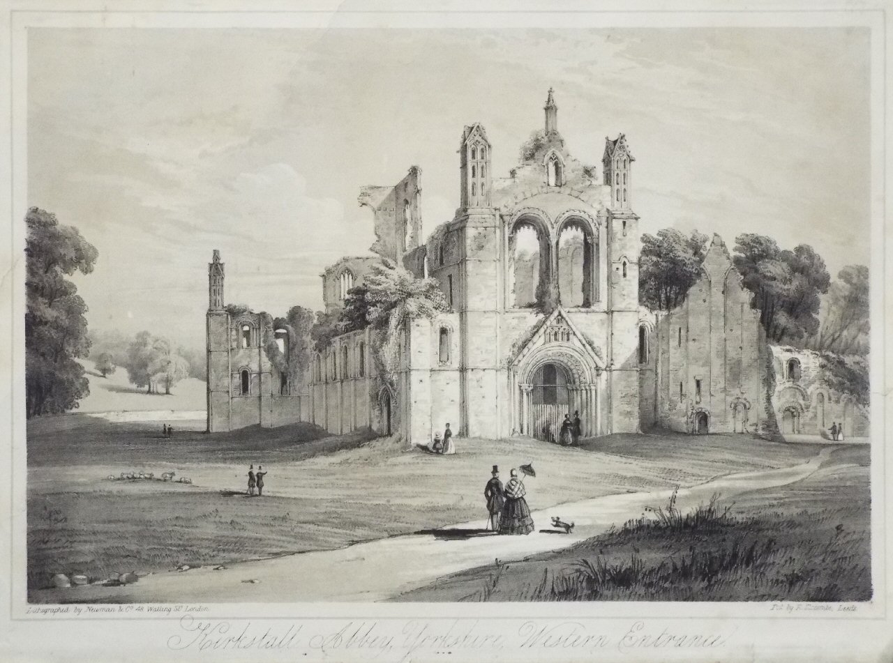 Lithograph - Kirkstall Abbey, Yorkshire, Western Entrance. - Newman
